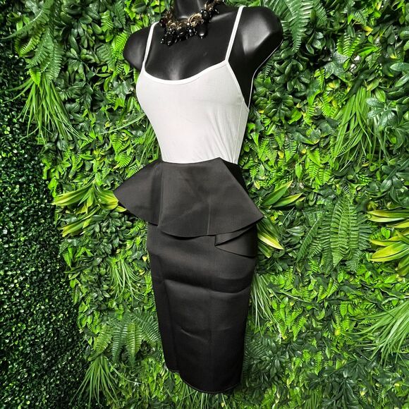 Women Skirt Medium Black Midi Peplum Stretch Fitted Ruffle Fits Small AOMEI 1284 - Picture 2 of 7